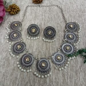 Necklace - German Silver Plated Brass Oxidized Necklace SCAON19-Kundan