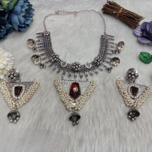 Necklace - German Silver-Plated Oxidized Brass Monalisa Stone Statement Necklace SCAON13-Mahroon