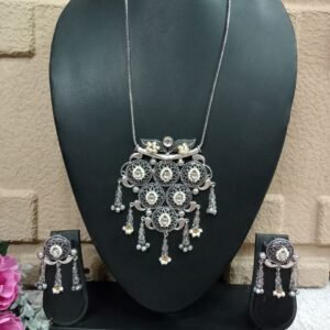 Long Necklace - Brass Silver Oxidized Long Kemp Stone Studded Necklace SCAOLN1-Crystal