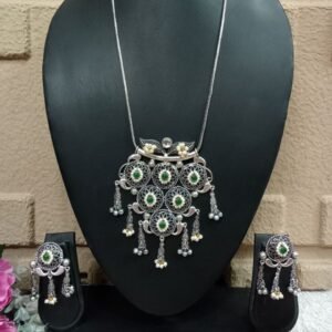 Long Necklace - Brass Silver Oxidized Long Kemp Stone Studded Necklace SCAOLN1-Green