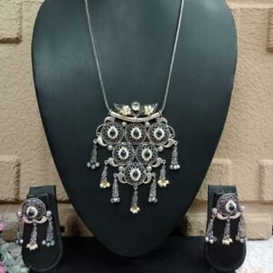 Long Necklace - Brass Silver Oxidized Long Kemp Stone Studded Necklace SCAOLN1-Navy Blue