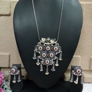 Long Necklace - Brass Silver Oxidized Long Kemp Stone Studded Necklace SCAOLN1-Ruby