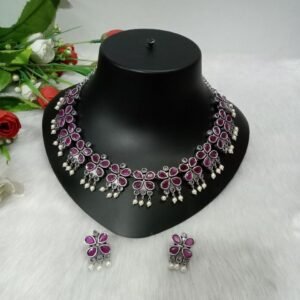 Necklace - German Silver-Plated Oxidized AD Stone Necklace SCAON39-Ruby