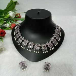Necklace - German Silver-Plated Oxidized AD Stone Necklace SCAON39-Pink