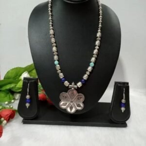Necklace - Brass Silver Oxidized Crystal Brass Beads Buddha Necklace SCAON79-Blue
