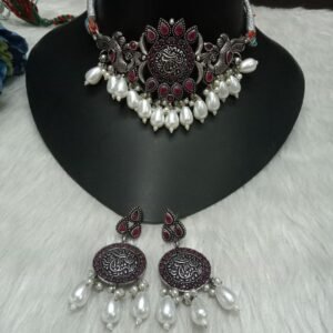 Choker- Brass Silver Oxidized Peacock Choker SCAOC18 Ruby