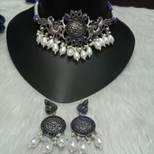 Choker- Brass Silver Oxidized Peacock Choker SCAOC18 Blue