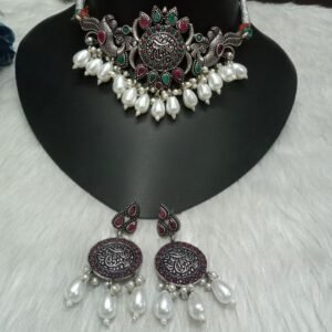Choker- Brass Silver Oxidized Peacock Choker SCAOC18 - Ruby Green