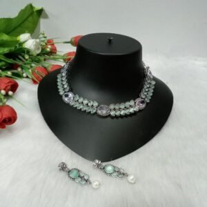Necklace - Brass GS Plated Silver Oxidized AD, Monaliza Necklace SCAON77
