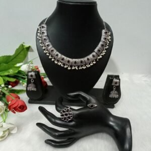 Necklace - Brass GS Plated Silver Oxidized Stone Necklace Combo SCAON76