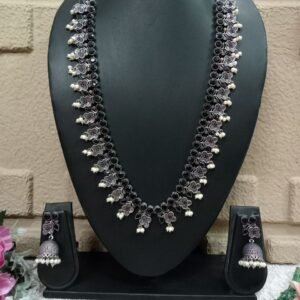 Necklace - German Silver Oxidized Flower Design Long Necklace SCAOLN59-Black