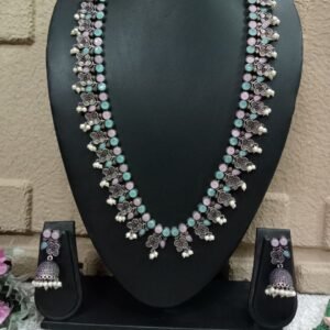 Necklace - German Silver Oxidized Flower Design Long Necklace SCAOLN59-Pink & Sky Blue