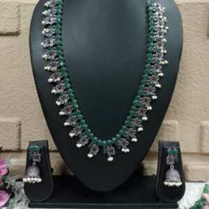 Necklace - German Silver Oxidized Flower Design Long Necklace SCAOLN59-Green