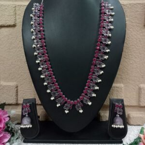 Necklace - German Silver Oxidized Flower Design Long Necklace SCAOLN59-Ruby