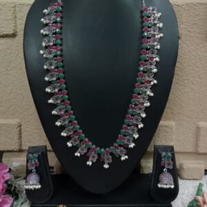 Necklace - German Silver Oxidized Flower Design Long Necklace SCAOLN59-Ruby Green
