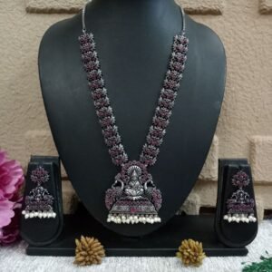 Necklace - Silver Oxidized Brass Laxmi Mata Necklace SCAOLN61-Ruby