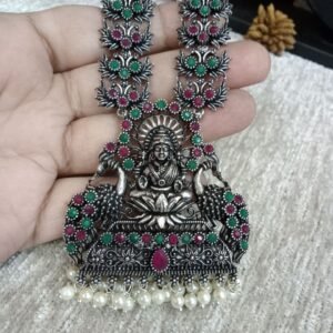 Necklace - Silver Oxidized Brass Laxmi Mata Necklace SCAOLN61-Ruby Green