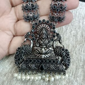 Necklace - Silver Oxidized Brass Laxmi Mata Necklace SCAOLN61-Black