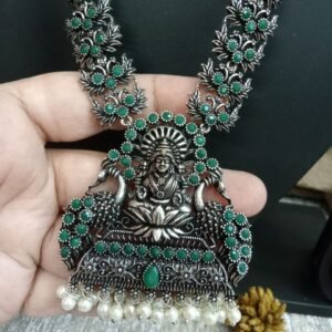 Necklace - Silver Oxidized Brass Laxmi Mata Necklace SCAOLN61-Green