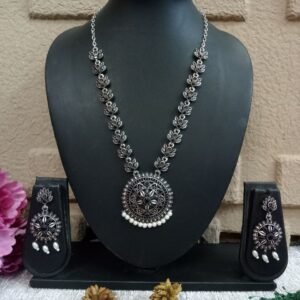 Necklace - Brass Silver Oxidized Stone Necklace SCAON46-Black
