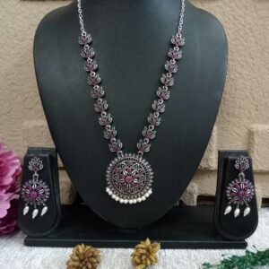 Necklace - Brass Silver Oxidized Stone Necklace SCAON46-Ruby