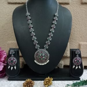 Necklace - Brass Silver Oxidized Stone Necklace SCAON46-Ruby Green
