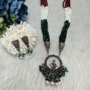 Necklace - Brass Silver Oxidized Peacock Crystal & Jaco Beads Necklace SCAON97