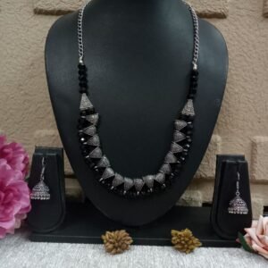 Necklace - Brass GS Plated Silver Oxidized Crystal Long Necklace SCAON78