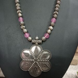 Necklace - Brass Silver Oxidized Crystal Brass Beads Necklace SCAON79-Pink